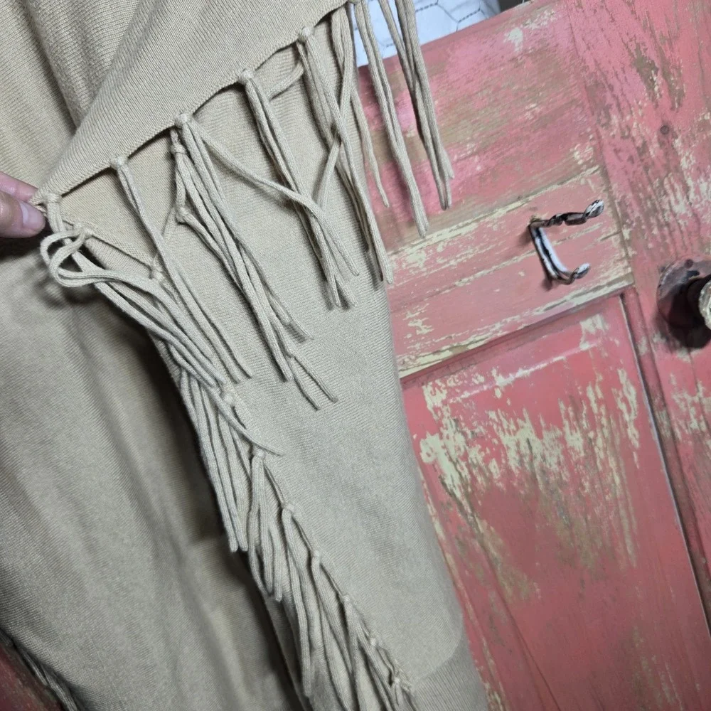 Michael Kors Womens Sweater‎ Fringe Cowl Neck Tunic Beige Poncho Sz M Oversized